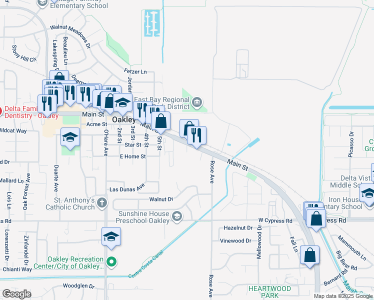 map of restaurants, bars, coffee shops, grocery stores, and more near 7th Street in Oakley