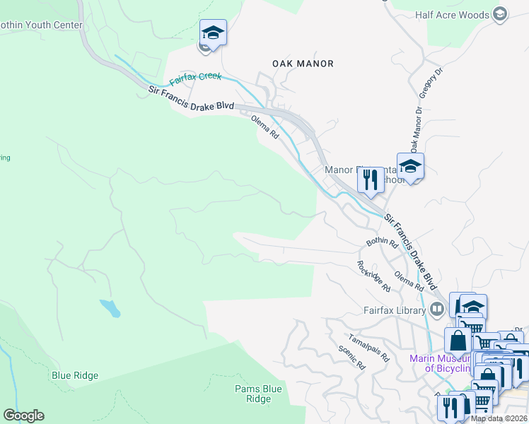 map of restaurants, bars, coffee shops, grocery stores, and more near 500 Iron Springs Road in Fairfax
