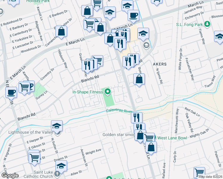 map of restaurants, bars, coffee shops, grocery stores, and more near 4519 Oakfield Drive in Stockton