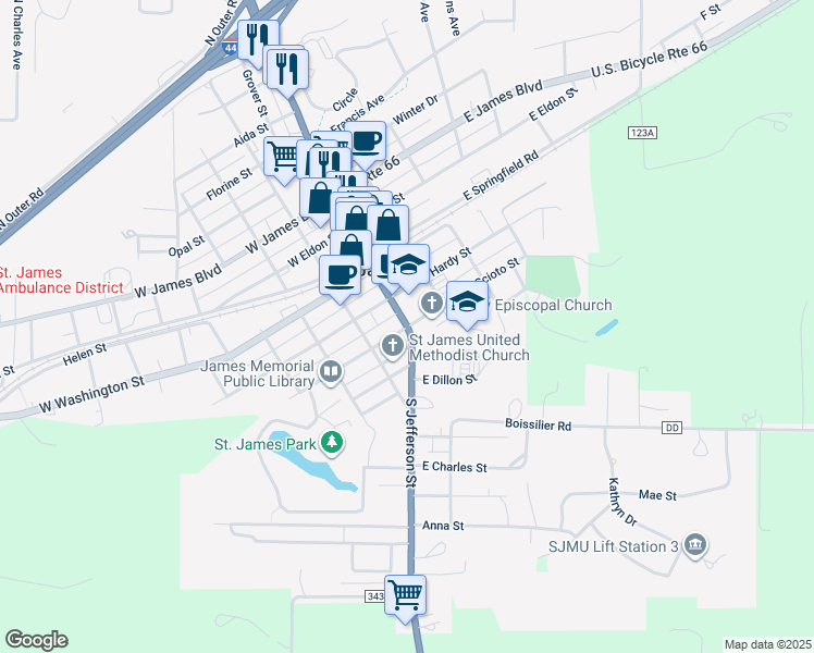 map of restaurants, bars, coffee shops, grocery stores, and more near 101 East Scioto Street in Saint James