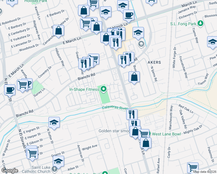 map of restaurants, bars, coffee shops, grocery stores, and more near 4519 Oakfield Drive in Stockton