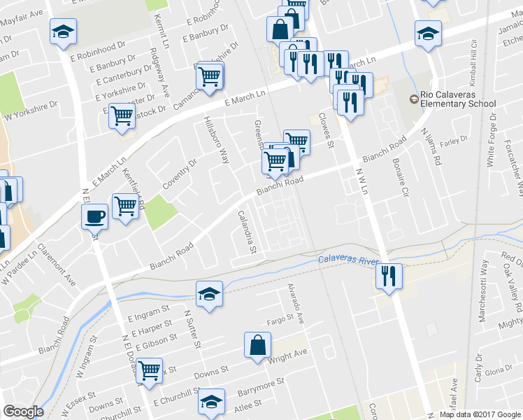map of restaurants, bars, coffee shops, grocery stores, and more near 4448 Townehome Drive in Stockton