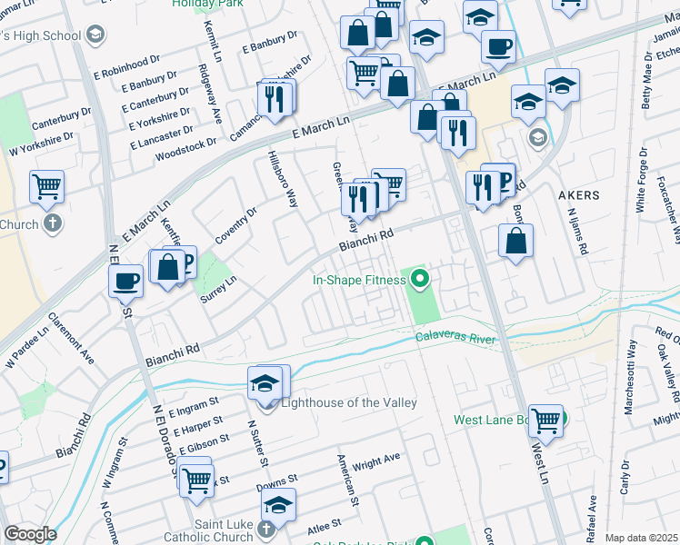 map of restaurants, bars, coffee shops, grocery stores, and more near 4448 Townehome Drive in Stockton