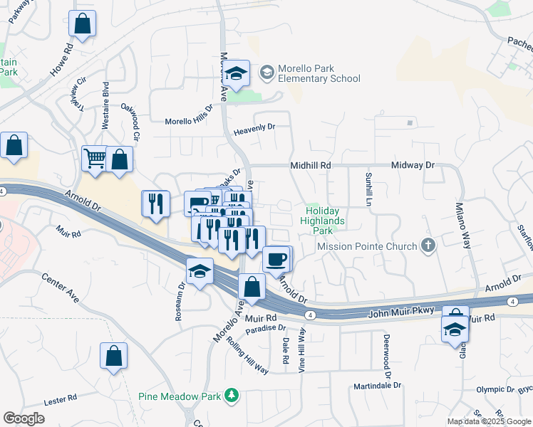 map of restaurants, bars, coffee shops, grocery stores, and more near 1186 Maywood Lane in Martinez