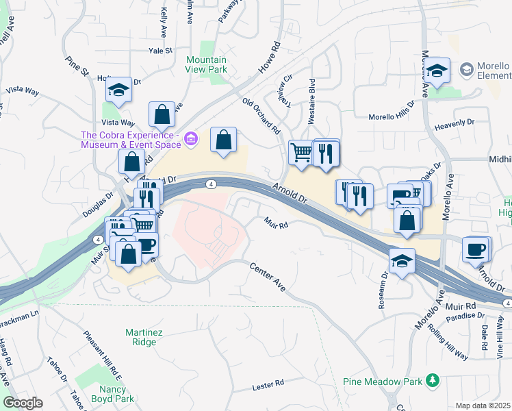 map of restaurants, bars, coffee shops, grocery stores, and more near 205 Muir Road in Martinez