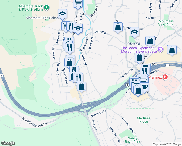 map of restaurants, bars, coffee shops, grocery stores, and more near 4005 Alhambra Way in Martinez
