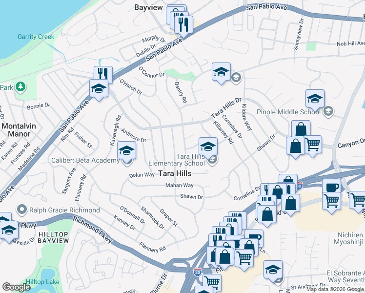 map of restaurants, bars, coffee shops, grocery stores, and more near 2724 Flannery Road in San Pablo