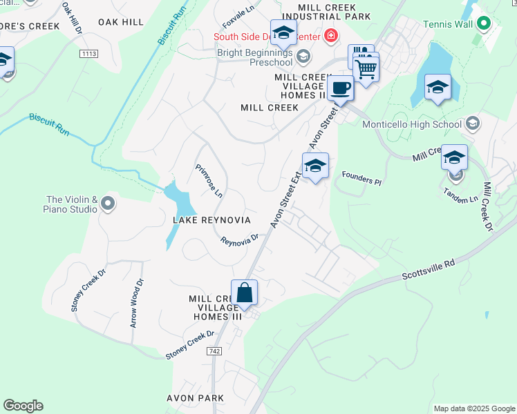map of restaurants, bars, coffee shops, grocery stores, and more near 136 Goldenrod Court in Charlottesville