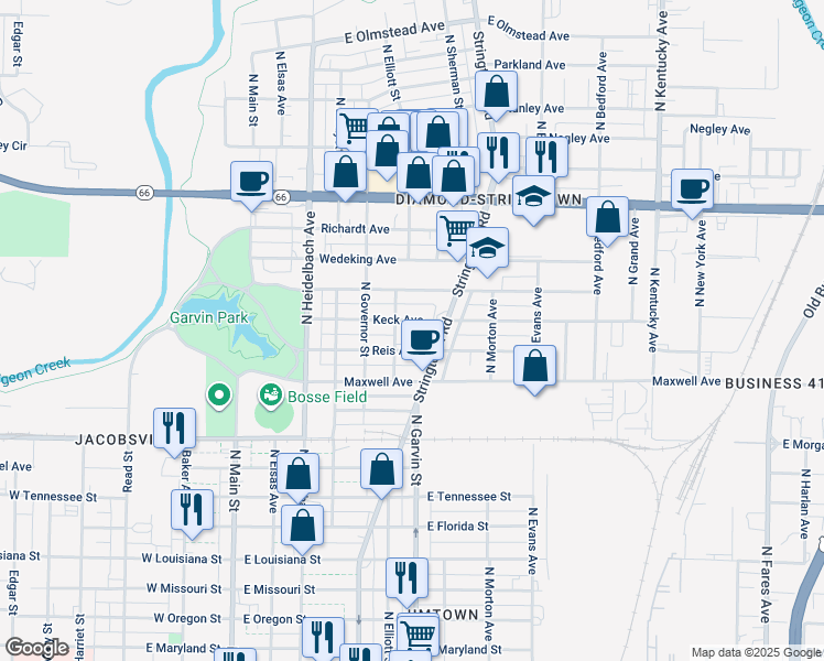 map of restaurants, bars, coffee shops, grocery stores, and more near 1900 Stringtown Road in Evansville