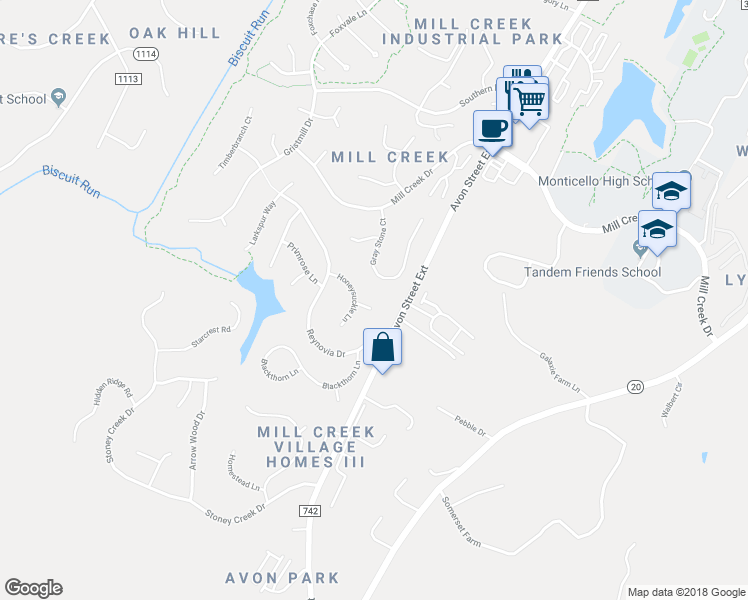 map of restaurants, bars, coffee shops, grocery stores, and more near 136 Goldenrod Court in Charlottesville