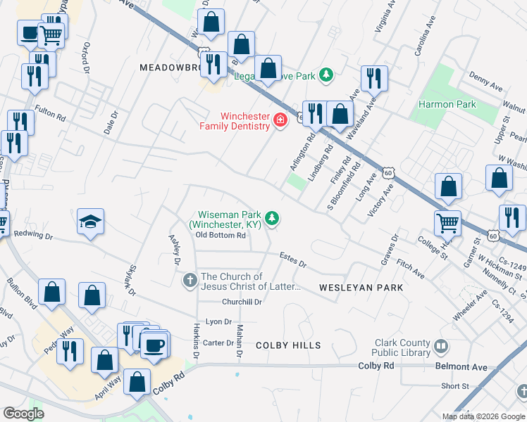 map of restaurants, bars, coffee shops, grocery stores, and more near 106 Holiday Road in Winchester