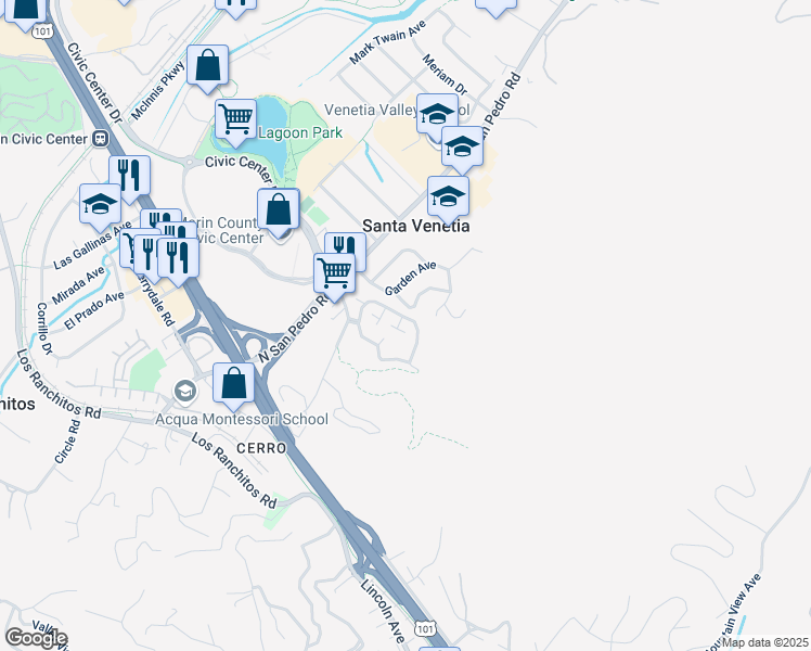 map of restaurants, bars, coffee shops, grocery stores, and more near 5 Woodstock Court in San Rafael