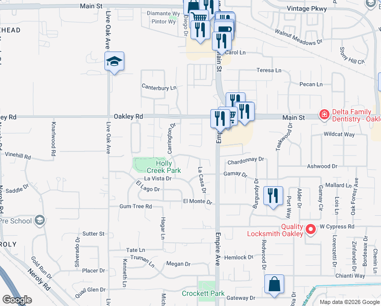 map of restaurants, bars, coffee shops, grocery stores, and more near 4755 La Casa Drive in Oakley