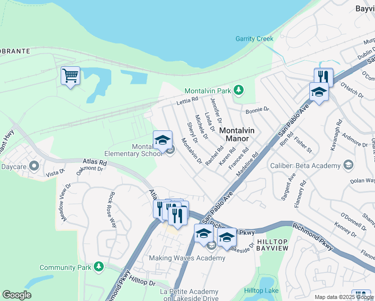 map of restaurants, bars, coffee shops, grocery stores, and more near 220 Montalvin Drive in San Pablo