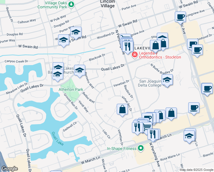map of restaurants, bars, coffee shops, grocery stores, and more near 1619 Venetian Drive in Stockton