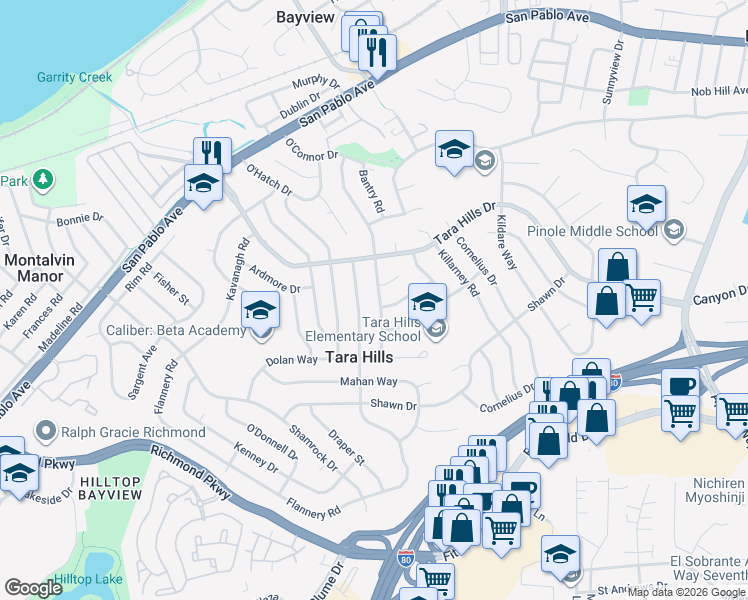 map of restaurants, bars, coffee shops, grocery stores, and more near 2724 Flannery Road in San Pablo