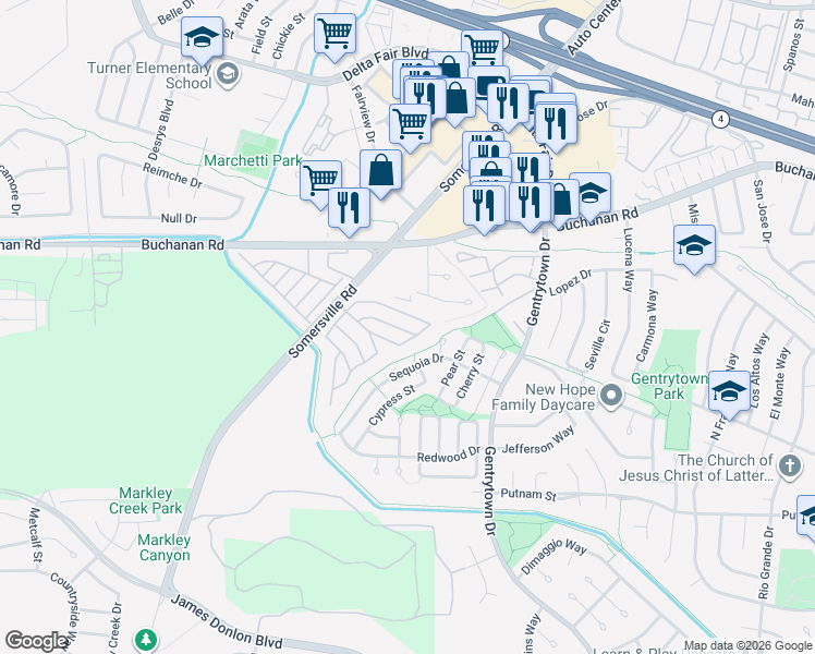 map of restaurants, bars, coffee shops, grocery stores, and more near 98 Diana Way in Antioch