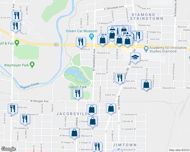 map of restaurants, bars, coffee shops, grocery stores, and more near 1911 North Heidelbach Avenue in Evansville
