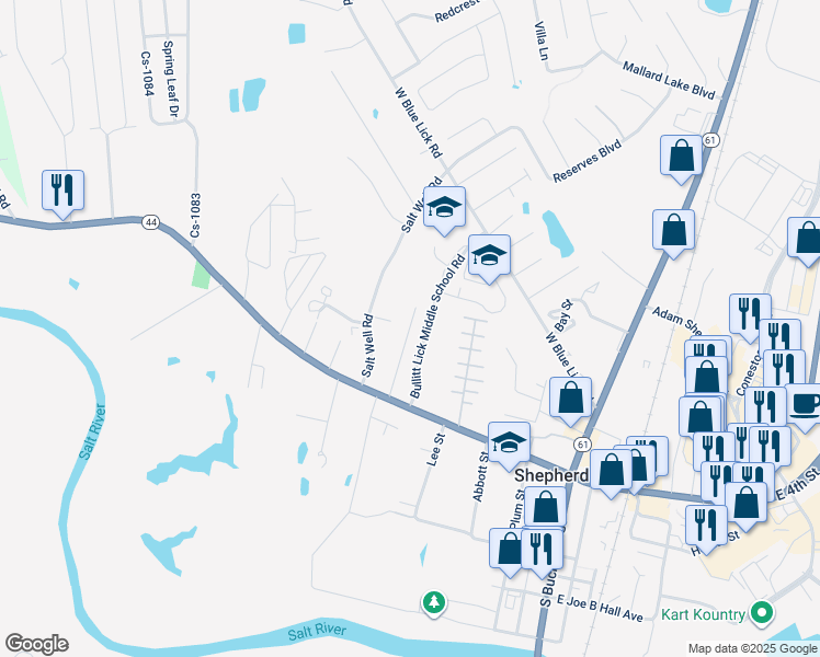 map of restaurants, bars, coffee shops, grocery stores, and more near 306 Shannon Lane in Shepherdsville