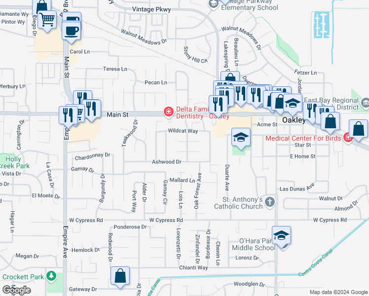 map of restaurants, bars, coffee shops, grocery stores, and more near 1502 Camelia Court in Oakley