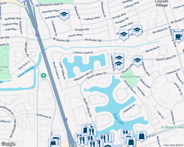 map of restaurants, bars, coffee shops, grocery stores, and more near 2424 Meadow Lake Drive in Stockton
