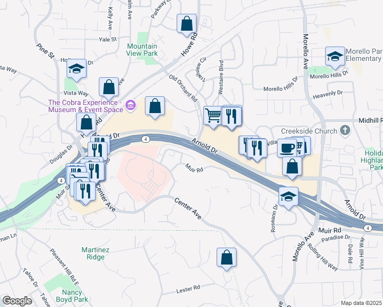 map of restaurants, bars, coffee shops, grocery stores, and more near 223 Arana Drive in Martinez