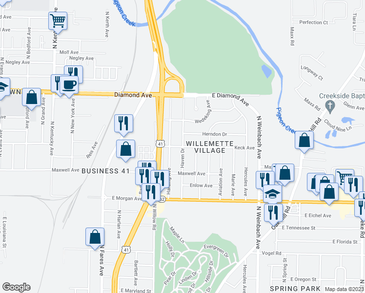 map of restaurants, bars, coffee shops, grocery stores, and more near Haven Dr in Evansville