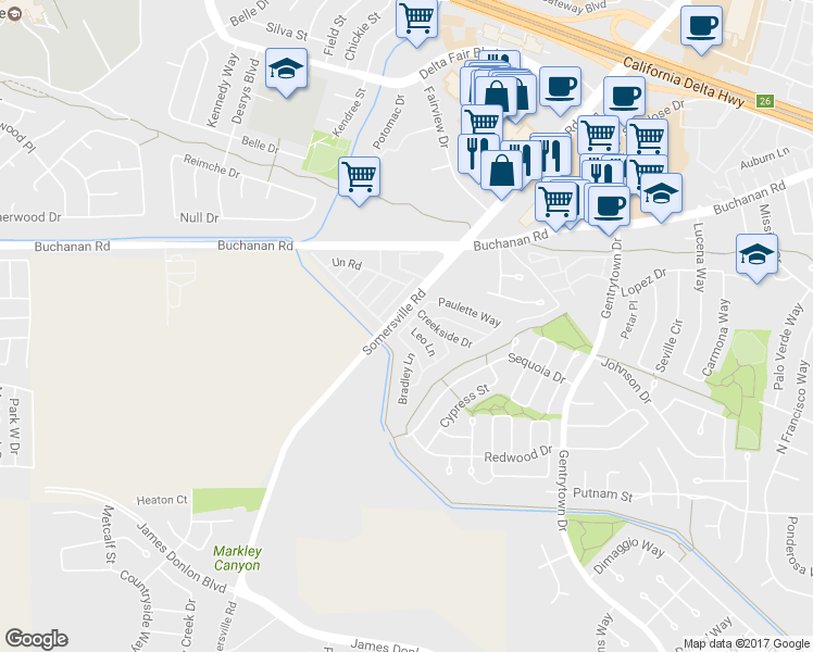 map of restaurants, bars, coffee shops, grocery stores, and more near 1 Mark Lane in Antioch