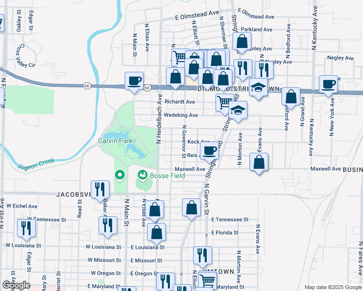 map of restaurants, bars, coffee shops, grocery stores, and more near 302 Reis Avenue in Evansville