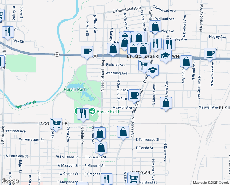 map of restaurants, bars, coffee shops, grocery stores, and more near 302 Reis Avenue in Evansville
