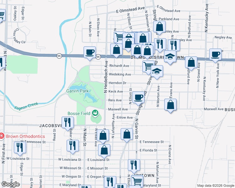 map of restaurants, bars, coffee shops, grocery stores, and more near 302 Reis Avenue in Evansville
