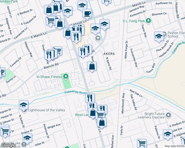map of restaurants, bars, coffee shops, grocery stores, and more near 1532 Jodi Court in Stockton