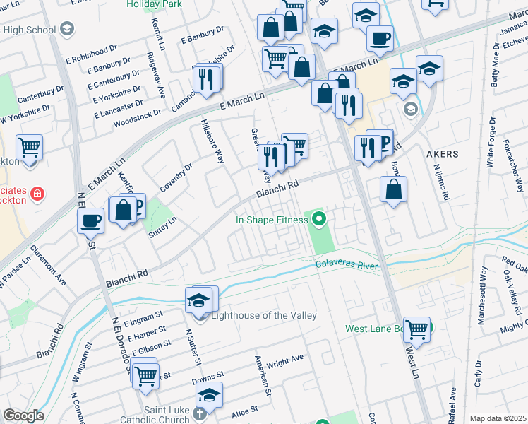 map of restaurants, bars, coffee shops, grocery stores, and more near 4448 Townehome Drive in Stockton