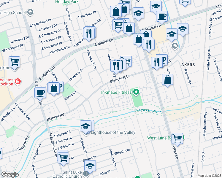 map of restaurants, bars, coffee shops, grocery stores, and more near 4448 Townehome Drive in Stockton