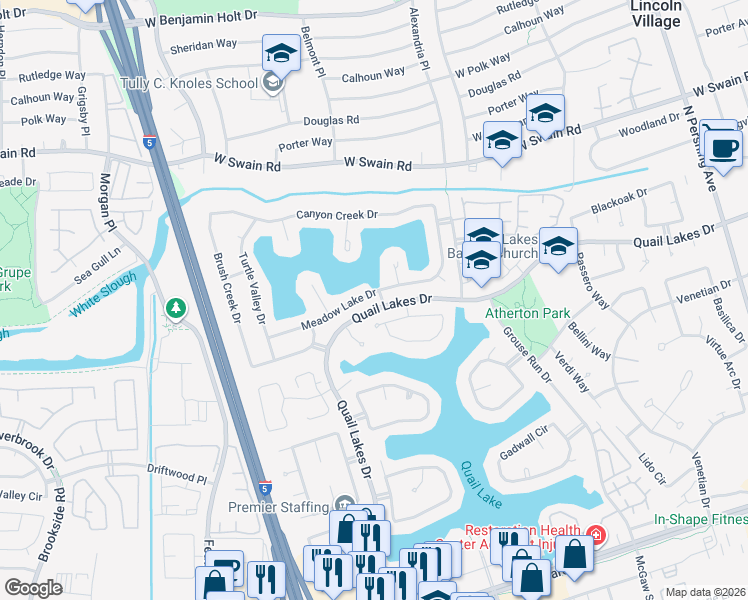 map of restaurants, bars, coffee shops, grocery stores, and more near 2424 Meadow Lake Drive in Stockton