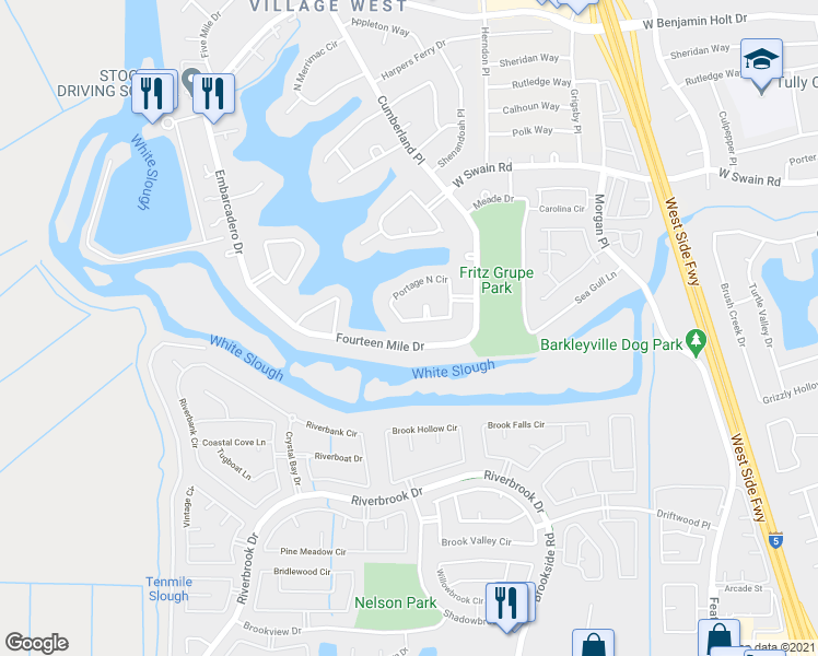 map of restaurants, bars, coffee shops, grocery stores, and more near 3707 Fourteen Mile Drive in Stockton