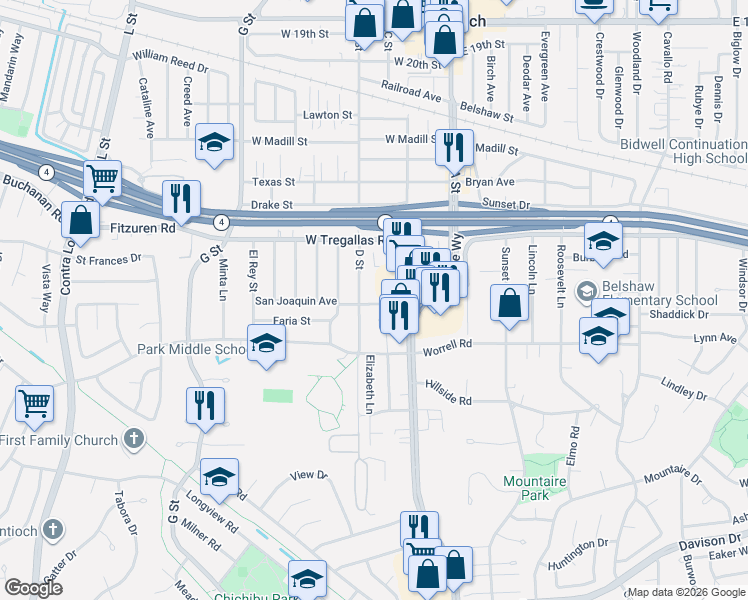 map of restaurants, bars, coffee shops, grocery stores, and more near 2811 Plumleigh Avenue in Antioch