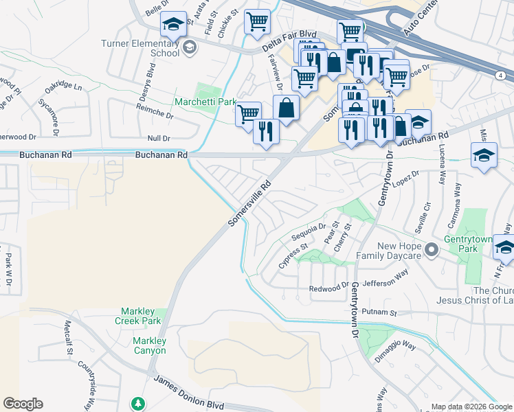 map of restaurants, bars, coffee shops, grocery stores, and more near 44 Mark Lane in Antioch