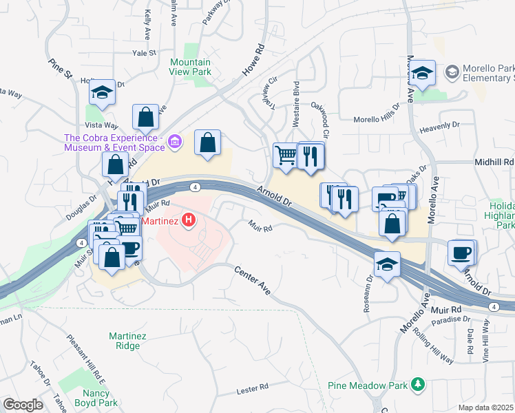 map of restaurants, bars, coffee shops, grocery stores, and more near 205 Muir Road in Martinez