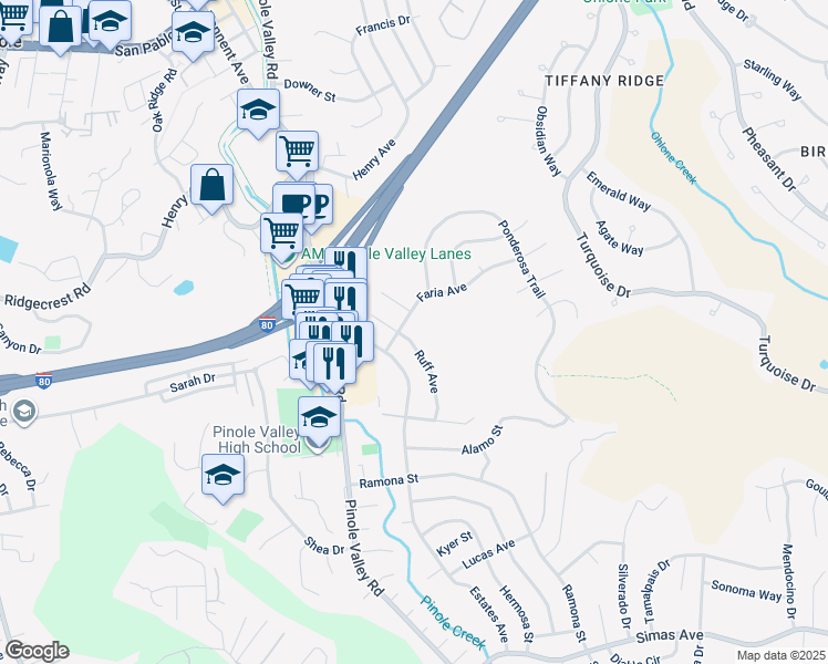 map of restaurants, bars, coffee shops, grocery stores, and more near 2816 Ruff Avenue in Pinole