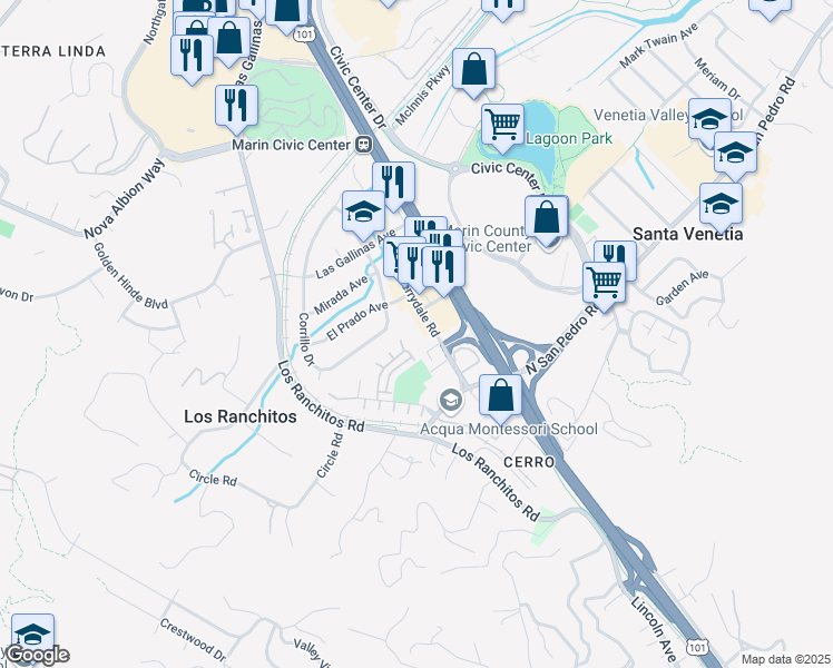 map of restaurants, bars, coffee shops, grocery stores, and more near 135 Merrydale Road in San Rafael