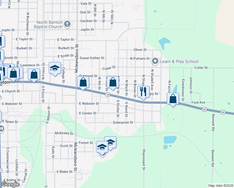 map of restaurants, bars, coffee shops, grocery stores, and more near 100-198 S 10th St in Benton