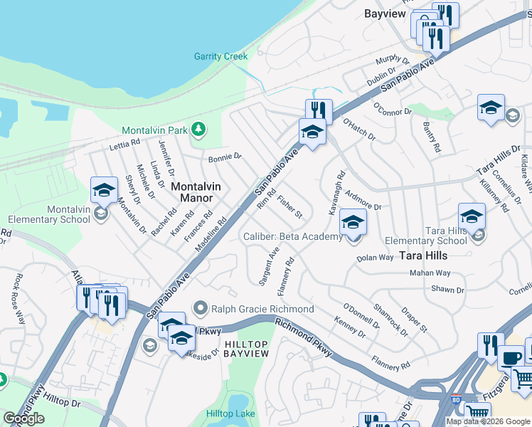 map of restaurants, bars, coffee shops, grocery stores, and more near 2419 Shamrock Drive in San Pablo