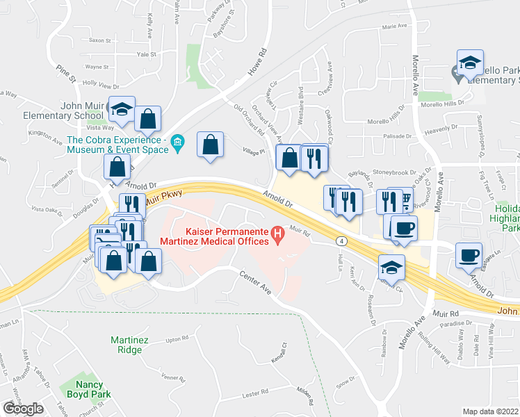 map of restaurants, bars, coffee shops, grocery stores, and more near 223 Arana Drive in Martinez