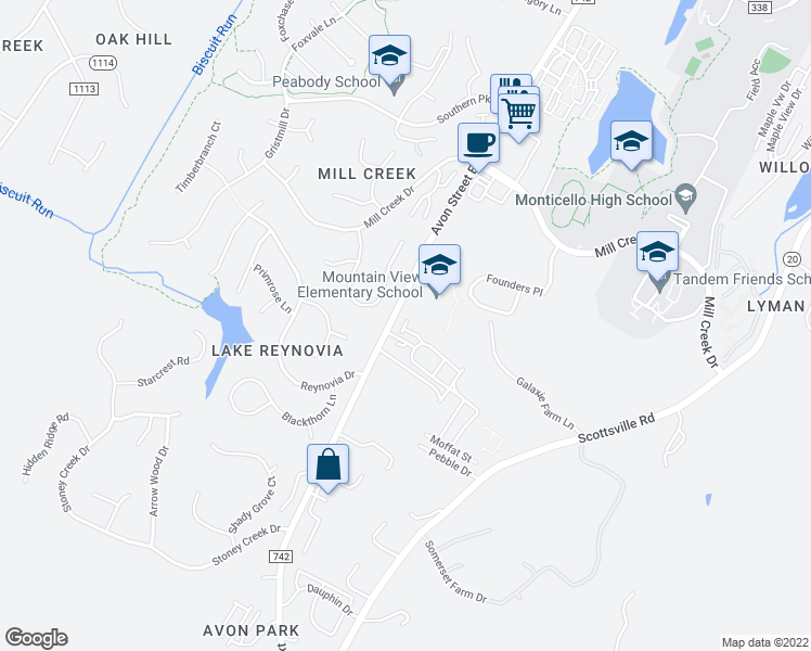 map of restaurants, bars, coffee shops, grocery stores, and more near 2718 Avinity Lane in Charlottesville