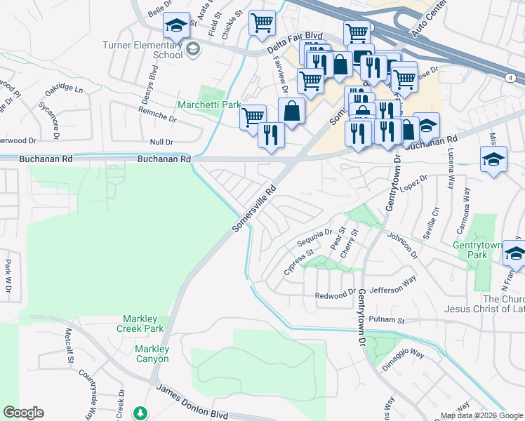 map of restaurants, bars, coffee shops, grocery stores, and more near 44 Mark Lane in Antioch