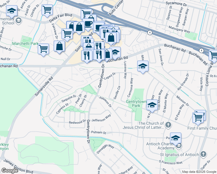 map of restaurants, bars, coffee shops, grocery stores, and more near 2837 Petar Place in Antioch