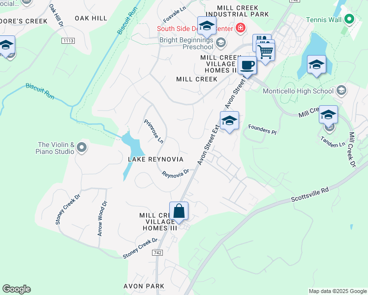 map of restaurants, bars, coffee shops, grocery stores, and more near 182 Goldenrod Court in Charlottesville