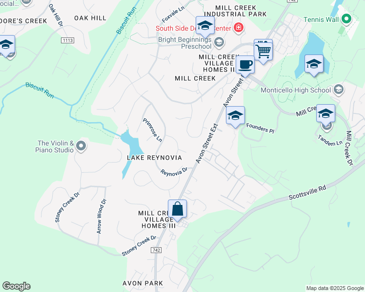 map of restaurants, bars, coffee shops, grocery stores, and more near 182 Goldenrod Court in Charlottesville