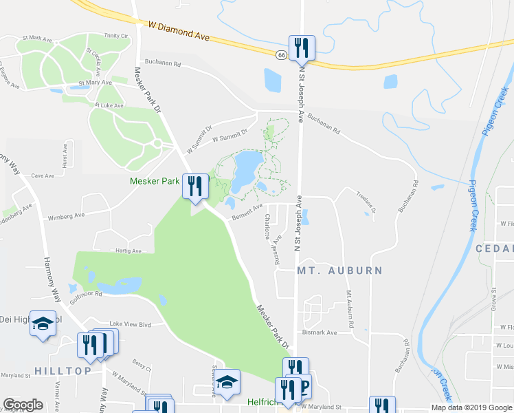 map of restaurants, bars, coffee shops, grocery stores, and more near 2599 Bement Avenue in Evansville